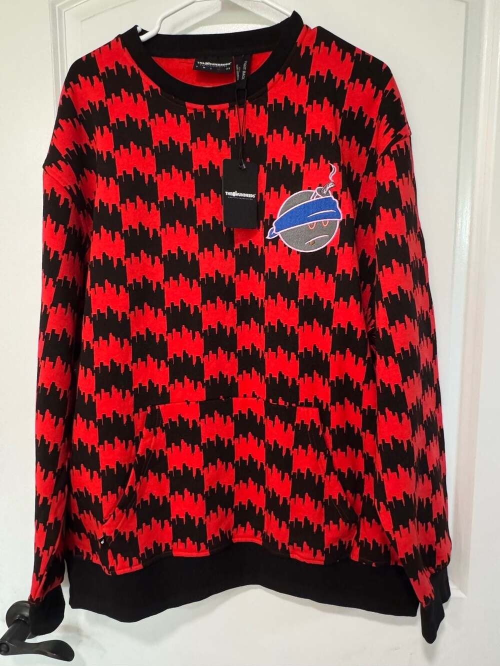 Streetwear Skater Graffiti Checkerboard Red Black Graphic Crewneck Sweatshirt XL